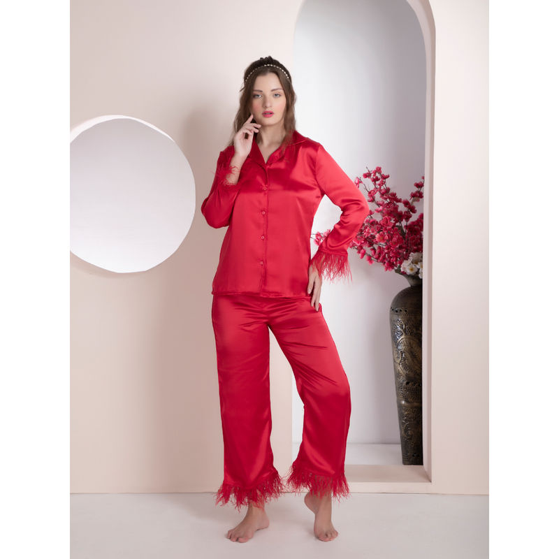 EZME STUDIO Red Berry Ostrich Feather Shirt and Pyjama (Set of 2) (L)