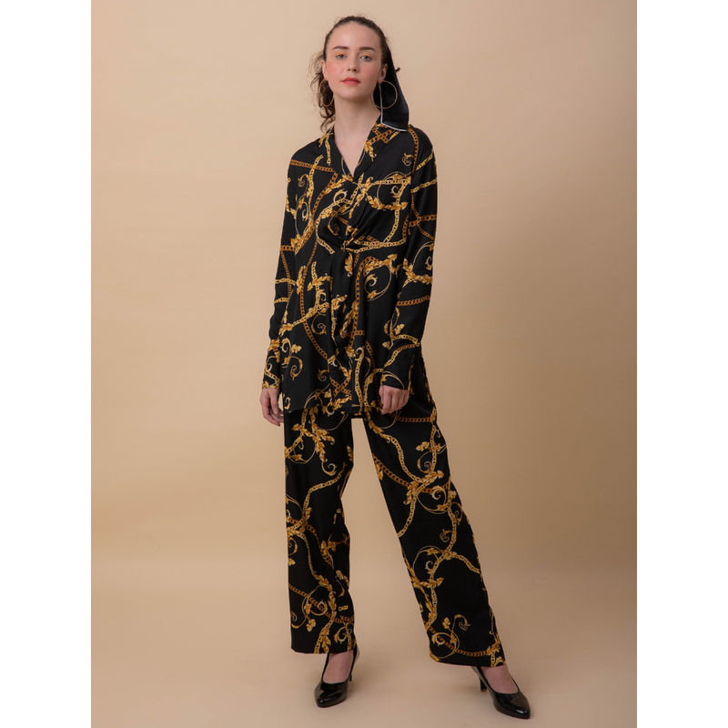 EZME STUDIO Black Chain Print Knot Top and Pyjama (Set of 2) (XS)