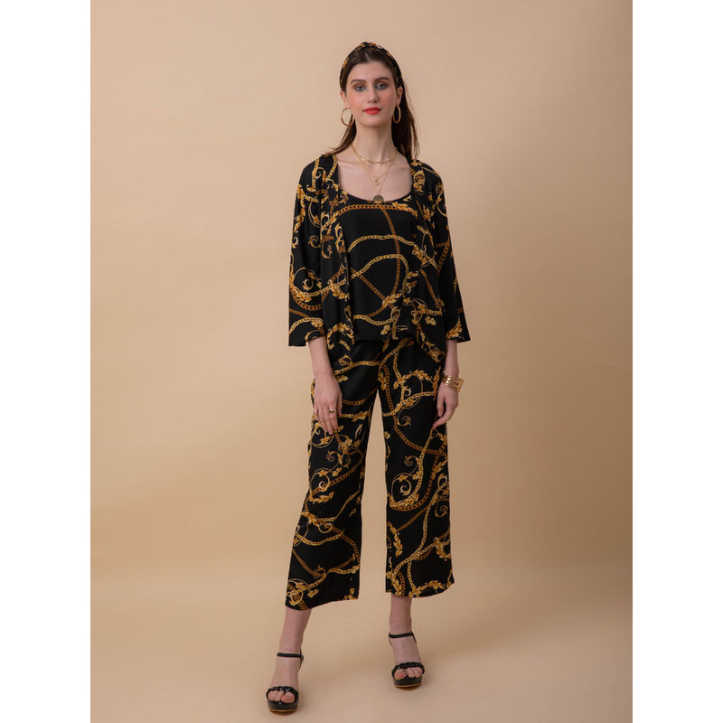 EZME STUDIO Black Chain Print Camisole Kaftan with Pyjama (Set of 3) (XS)