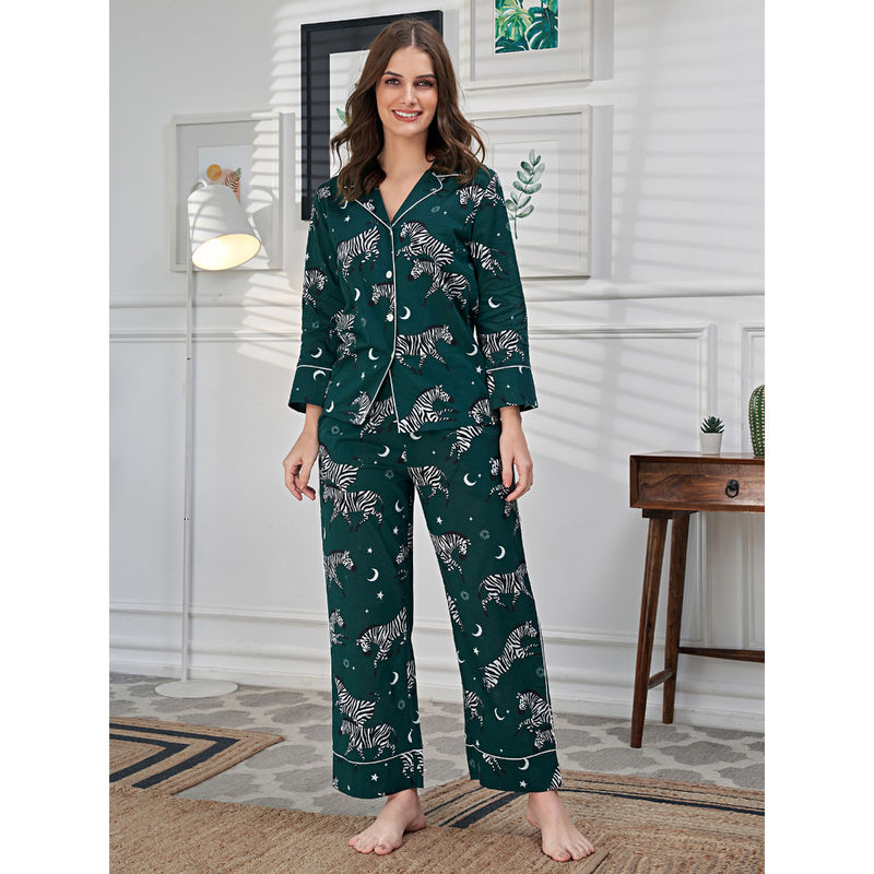 EZME STUDIO Cotton Green Zebra Print Shirt and Pyjama (Set of 2) (XS)