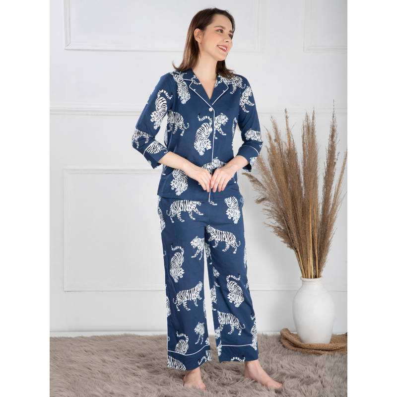 EZME STUDIO Cotton Sierra Navy Blue Tiger Print Shirt and Pyjama (Set of 2) (2XL)