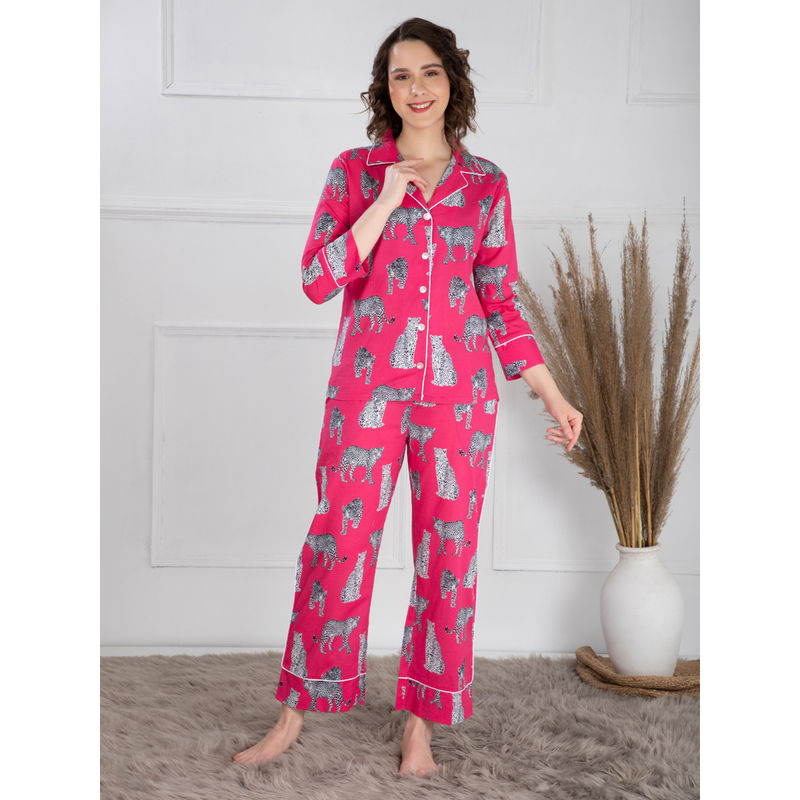 EZME STUDIO Cotton Hot Pink Leopard Print Shirt and Pyjama (Set of 2) (XS)
