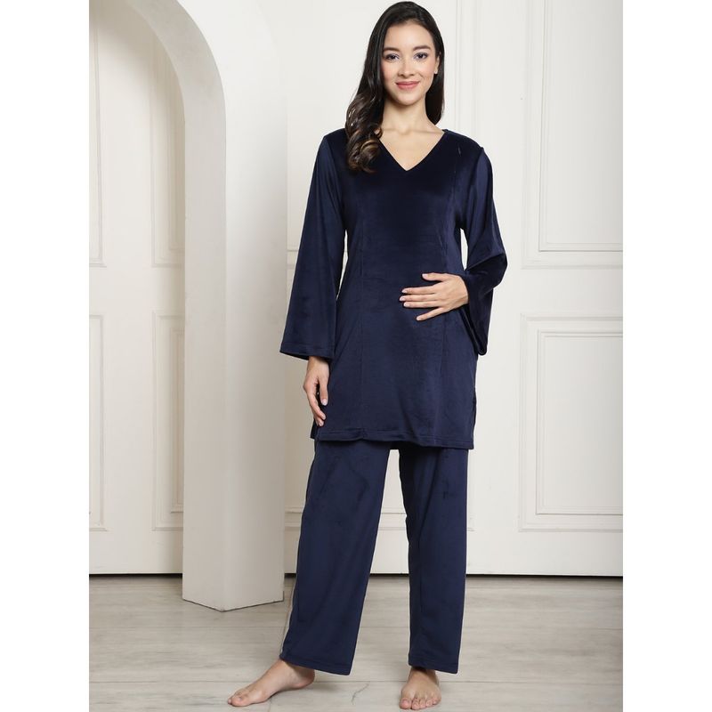 Secret Wish Navy Velvet Maternity Night Suit (Set of 2) (XL)