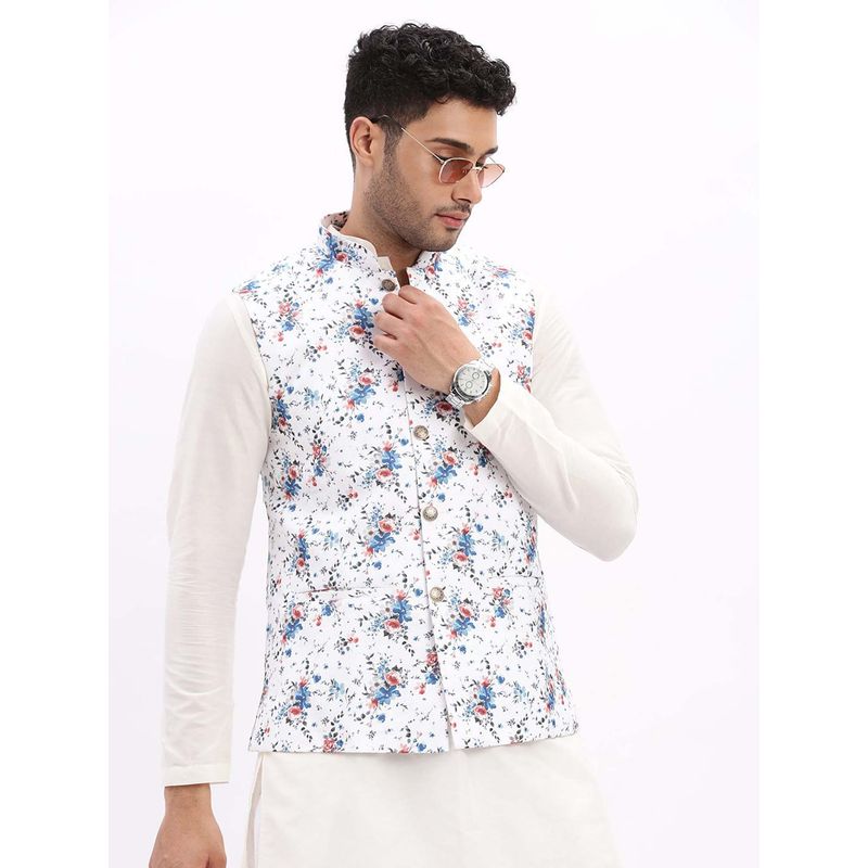 SHOWOFF Men Slim Fit Floral Print White Nehru Jacket (2XL)