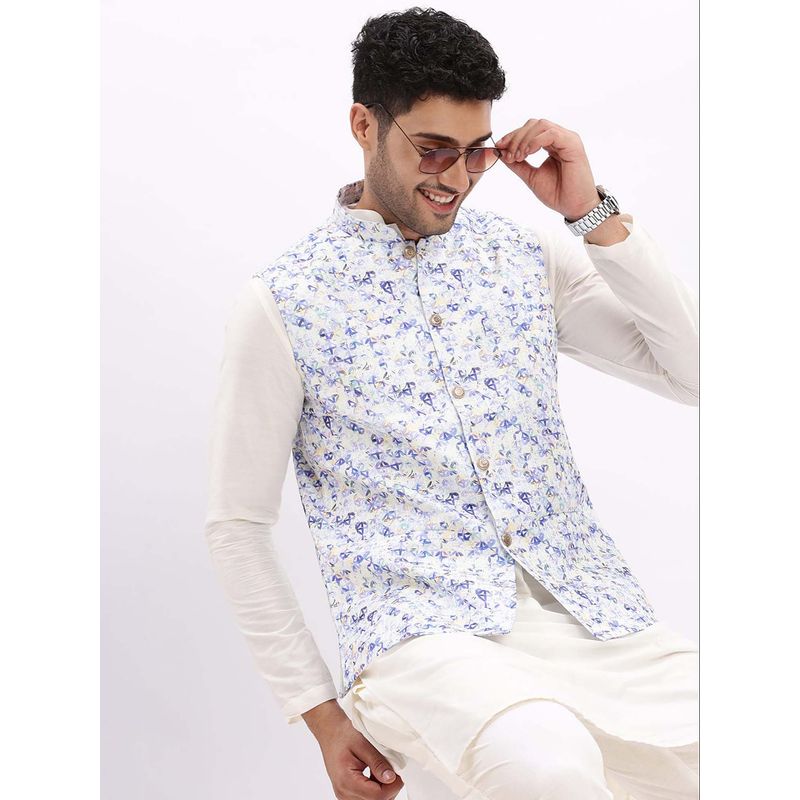 SHOWOFF Men Slim Fit Printed Blue Nehru Jacket (2XL)
