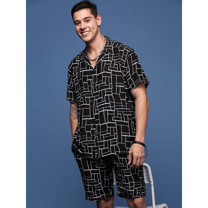 SHOWOFF Mens Printed Cuban Collar Black Relaxed Fit Co-Ords (Set of 2) (S)