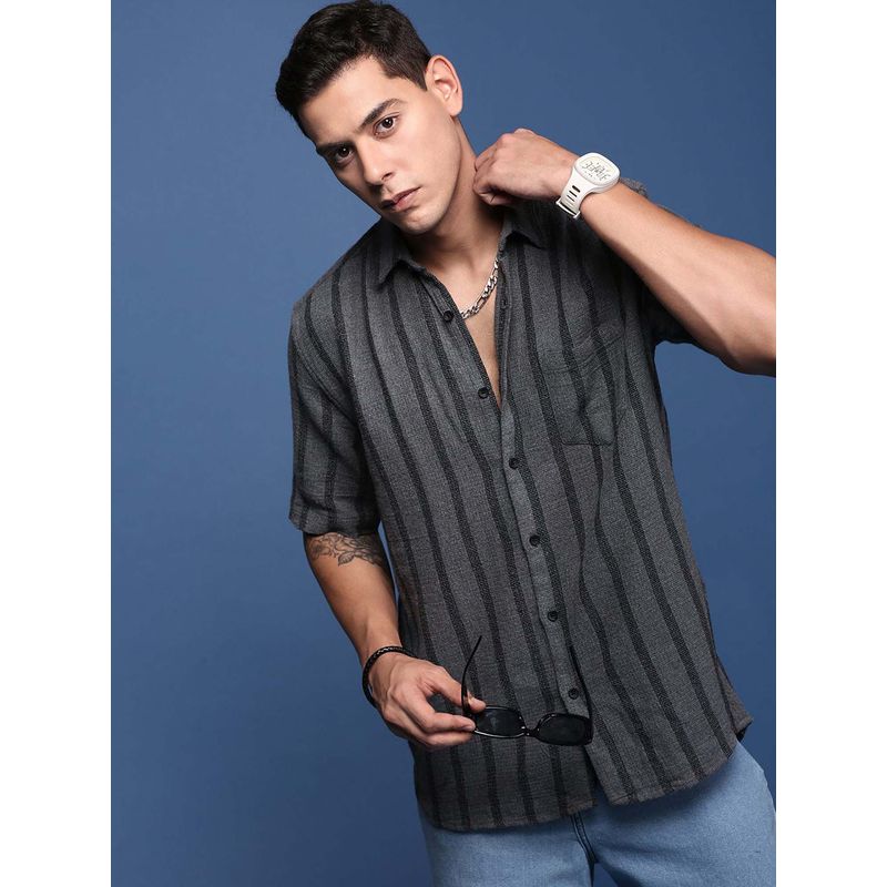 SHOWOFF Mens Striped Grey Slim Fit Shirt (S)