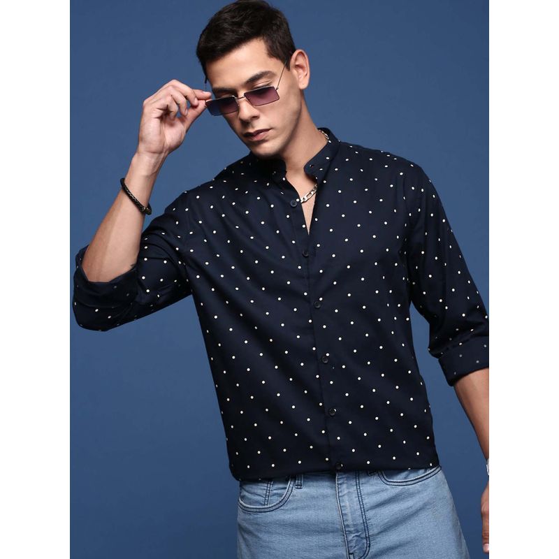 SHOWOFF Mens Mandarin Collar Polka Dots Navy Blue Slim Fit Shirt (S)