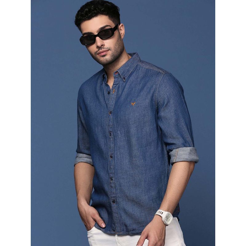 SHOWOFF Mens Collared Solid Navy Blue Slim Fit Shirt (2XL)