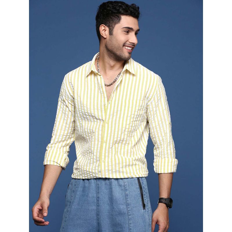 SHOWOFF Mens Stripes Slim Fit Yellow Shirt (XL)