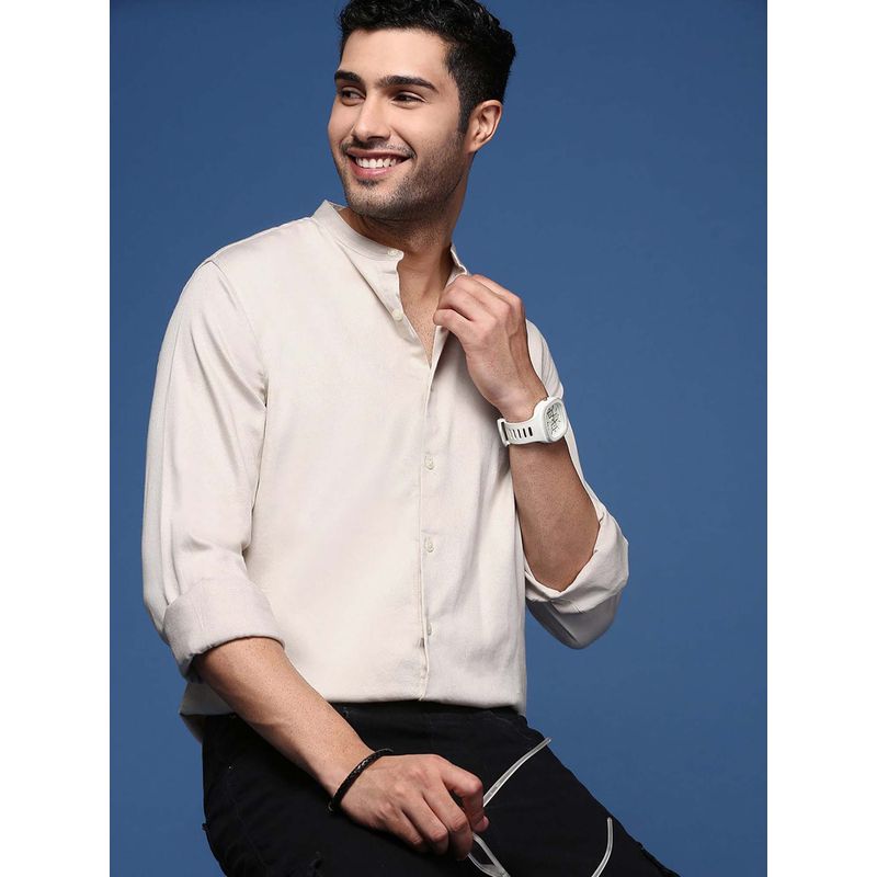 SHOWOFF Mens Mandarin Collar Solid Slim Fit Beige Shirt (S)