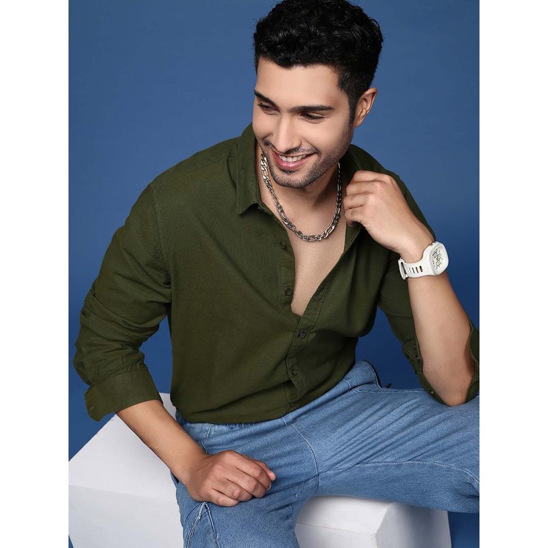 SHOWOFF Mens Solid Slim Fit Olive Shirt (S)