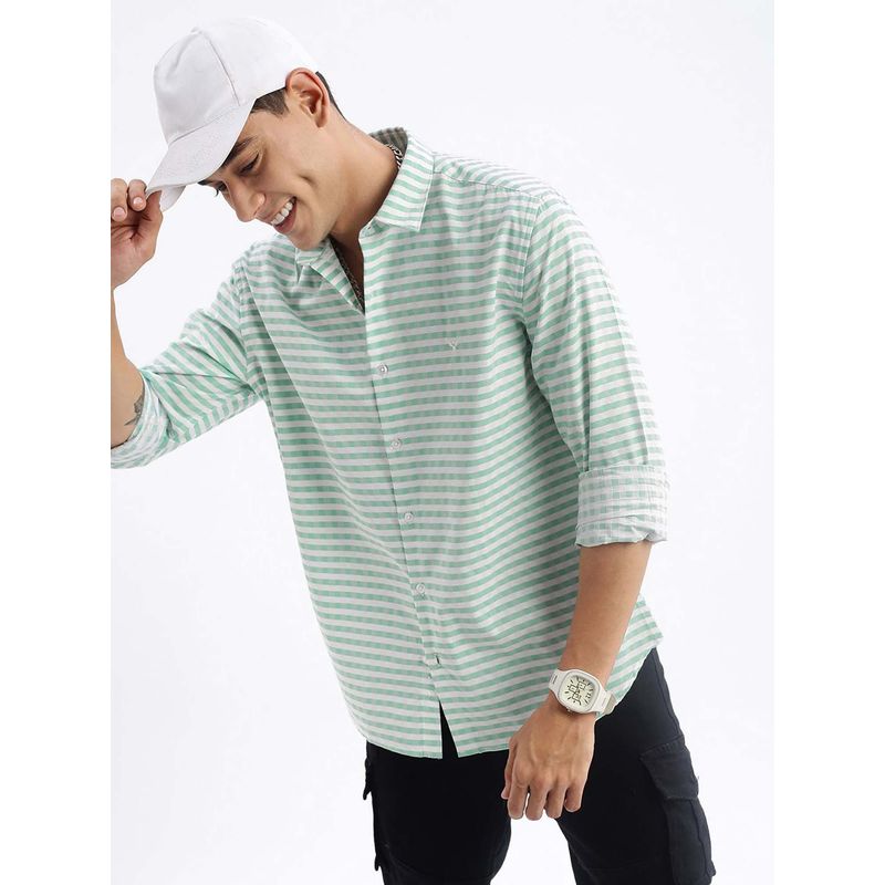 SHOWOFF Mens Stripes Slim Fit Green Shirt (S)