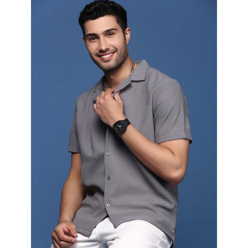 SHOWOFF Mens Cuban Collar Textured Relaxed Fit Grey Shirt (S)