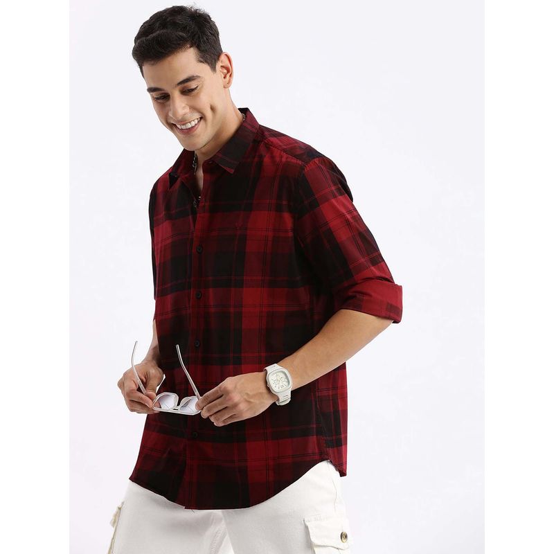 SHOWOFF Mens Long Sleeves Tartan Checks Slim Fit Red Shirt (L)