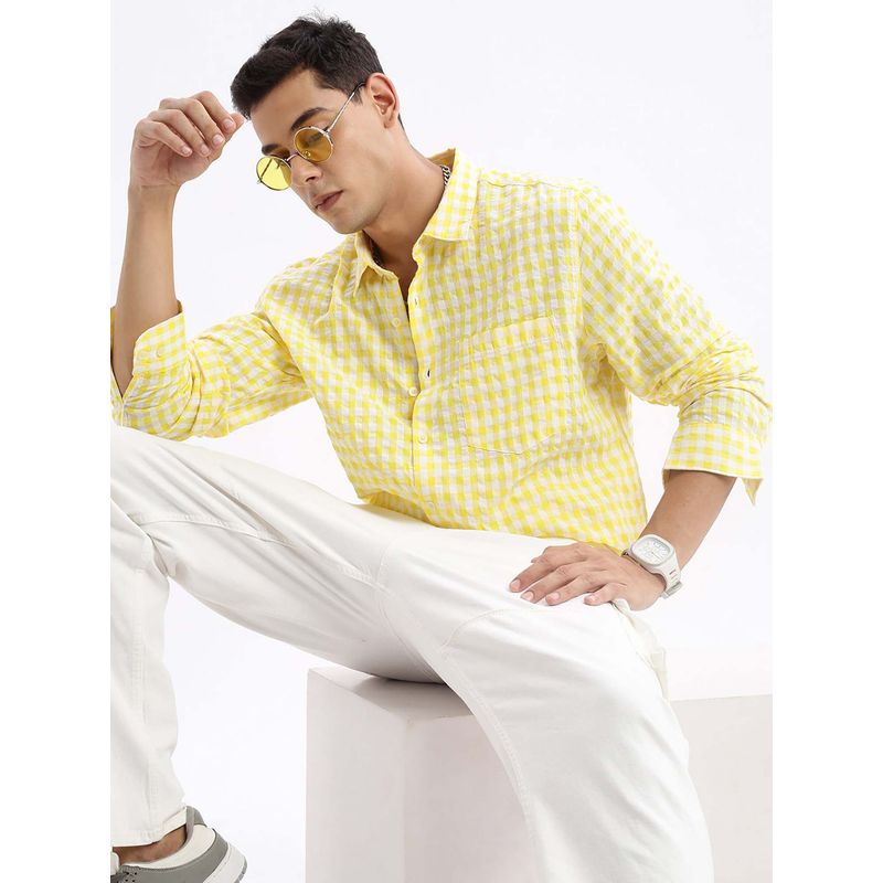 SHOWOFF Mens Long Sleeves Gingham Checks Slim Fit Yellow Shirt (M)