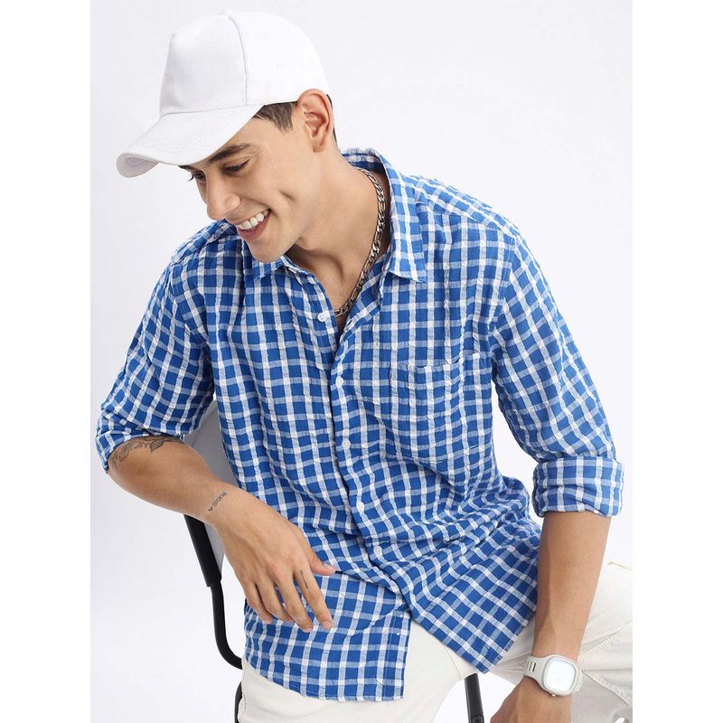 SHOWOFF Mens Long Sleeves Gingham Checks Slim Fit Blue Shirt (XL)