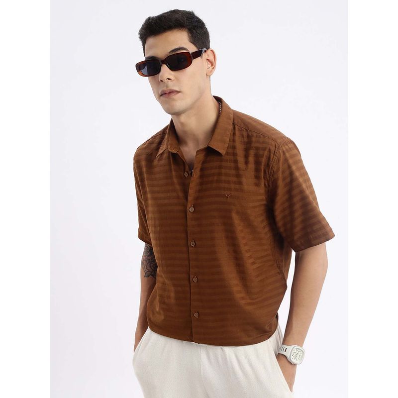 SHOWOFF Mens Short Sleeves Solid Slim Fit Brown Shirt (M)