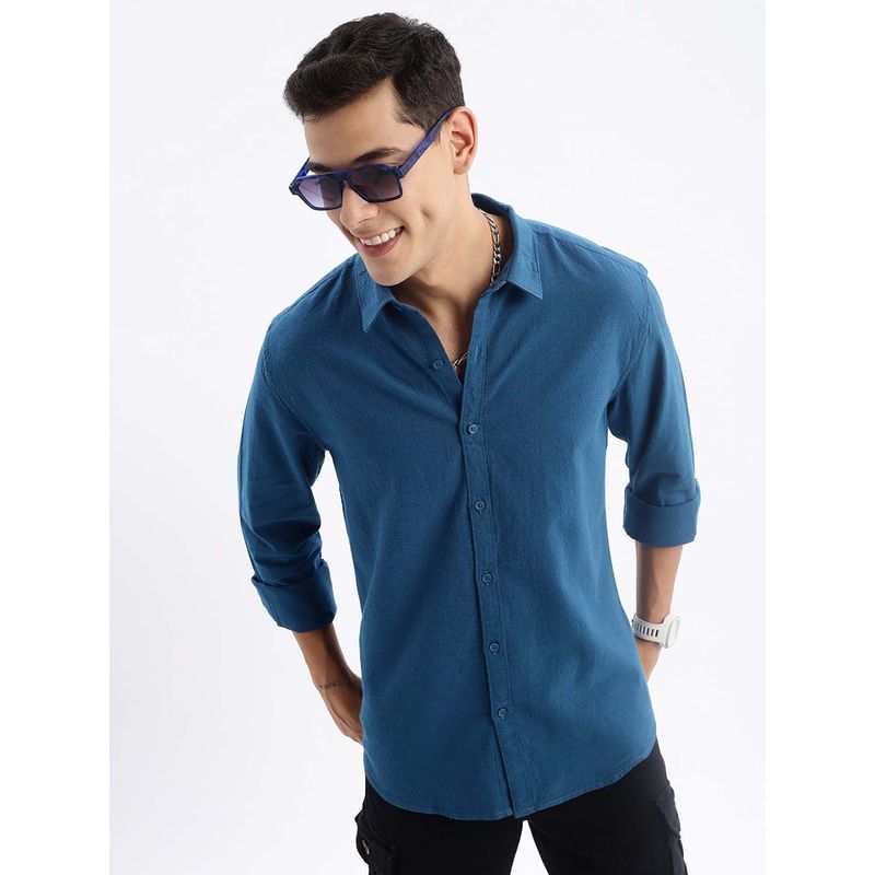SHOWOFF Mens Long Sleeves Solid Slim Fit Teal Shirt (XL)
