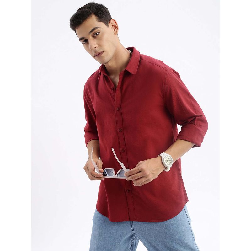SHOWOFF Mens Long Sleeves Solid Slim Fit Red Shirt (M)