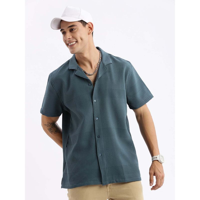 SHOWOFF Mens Cuban Collar Textured Relaxed Fit Teal Shirt (S)
