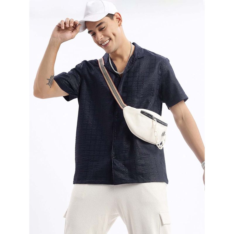 SHOWOFF Mens Cuban Collar Textured Relaxed Fit Black Shirt (3XL)