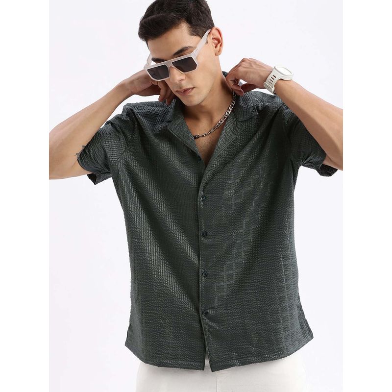 SHOWOFF Mens Cuban Collar Textured Relaxed Fit Green Shirt (S)