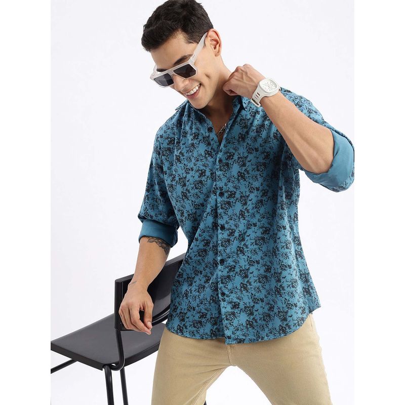 SHOWOFF Mens Long Sleeves Printed Slim Fit Teal Shirt (2XL)