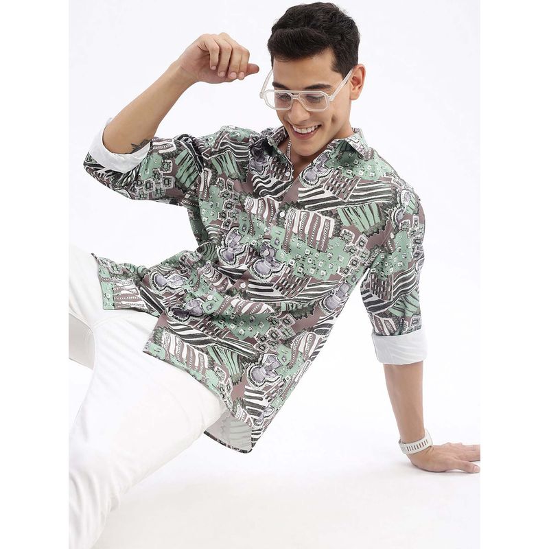 SHOWOFF Mens Long Sleeves Abstract Slim Fit Green Shirt (S)