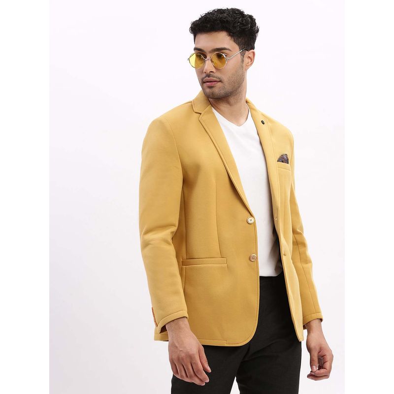 SHOWOFF Mens Solid Notched Lapel Mustard Single Breasted Blazer (S)