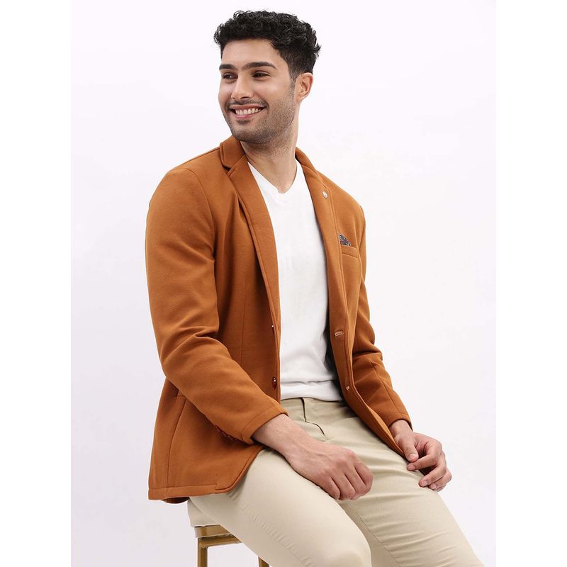 SHOWOFF Mens Solid Notched Lapel Camel Rust Single Breasted Blazer (S)