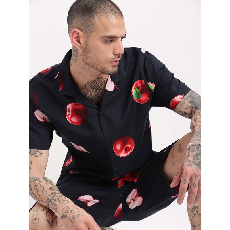 SHOWOFF Mens Short Sleeves Graphic Cuban Collar Navy Blue Co-Ords (Set of 2) (L)