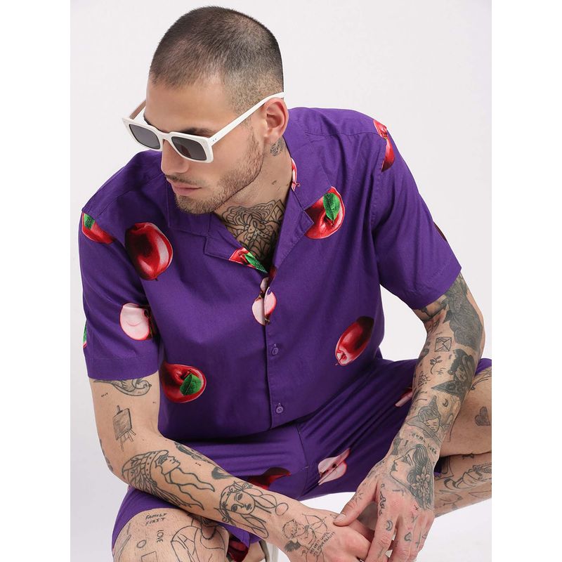 SHOWOFF Mens Short Sleeves Graphic Cuban Collar Purple Co-Ords (Set of 2) (S)