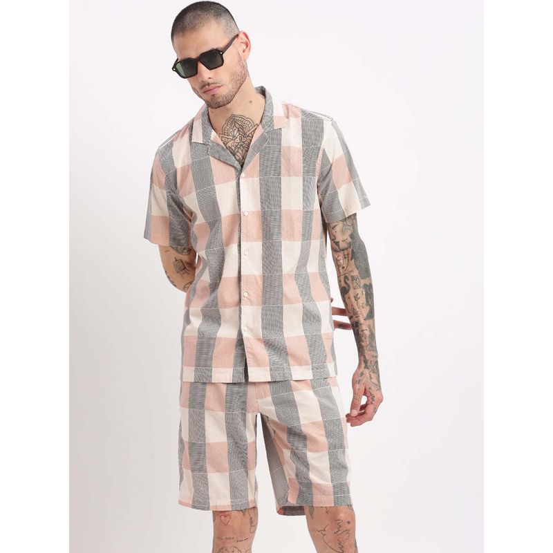 SHOWOFF Mens Short Sleeves Checks Print Cuban Collar Peach Co-Ords (Set of 2) (S)