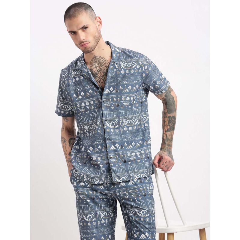 SHOWOFF Mens Short Sleeves Geometric Print Cuban Collar Teal Co-Ords (Set of 2) (S)