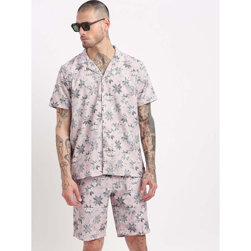 SHOWOFF Mens Short Sleeves Printed Cuban Collar Pink Co-Ords (Set of 2) (S)