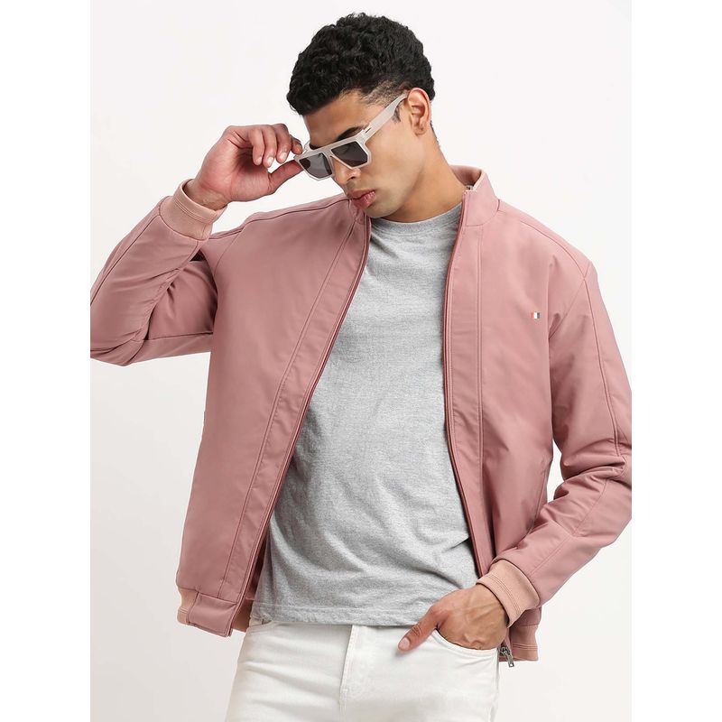 Buy SHOWOFF Mens Mock Collar Peach Solid Bomber Jacket Online