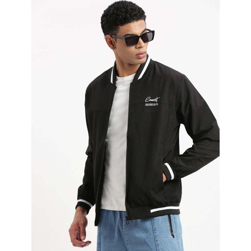 SHOWOFF Mens Mandarin Collar Black Solid Bomber Jacket (S)