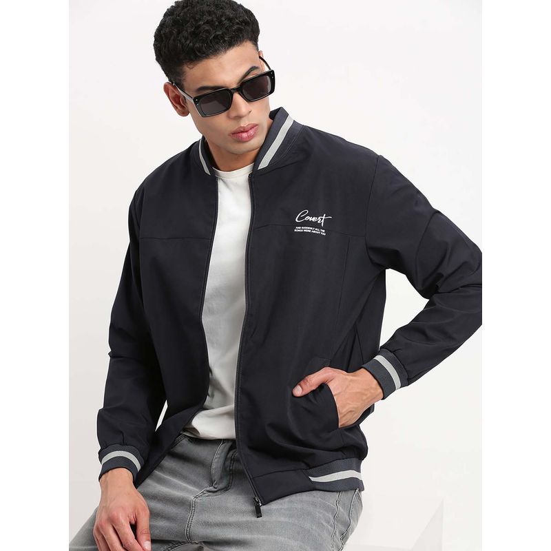 SHOWOFF Mens Mandarin Collar Navy Blue Solid Bomber Jacket (M)