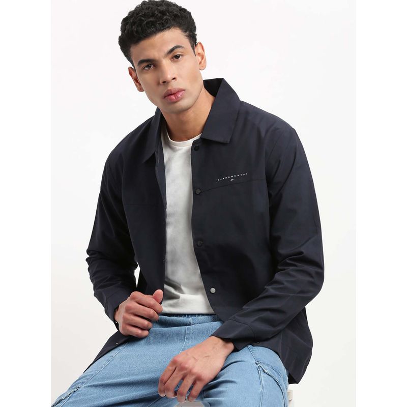 SHOWOFF Mens Spread Collar Navy Blue Solid Tailored Jacket (XL)