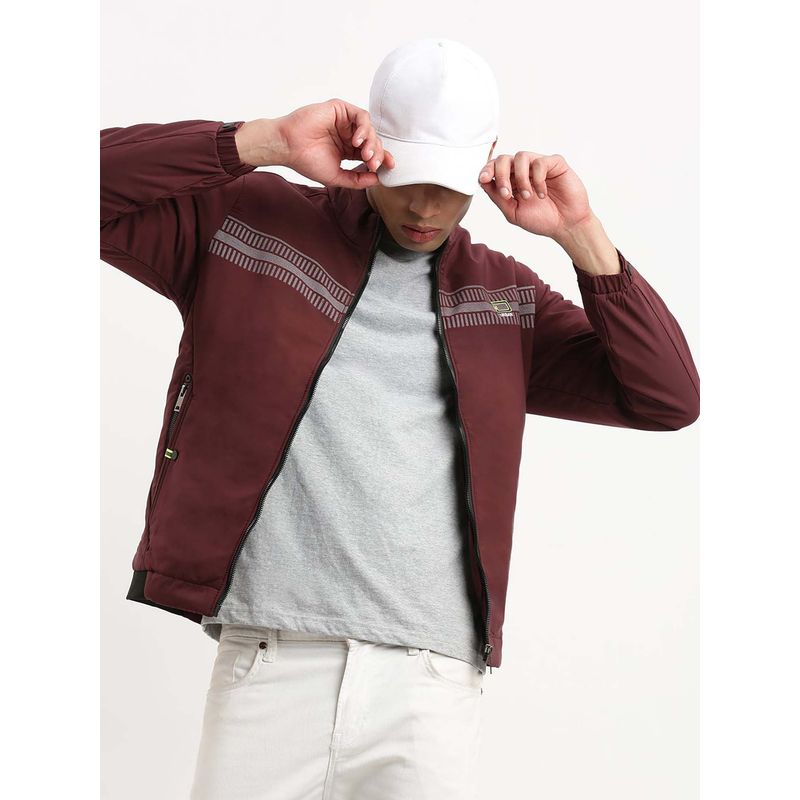 SHOWOFF Mens Mock Collar Maroon Solid Bomber Jacket (S)