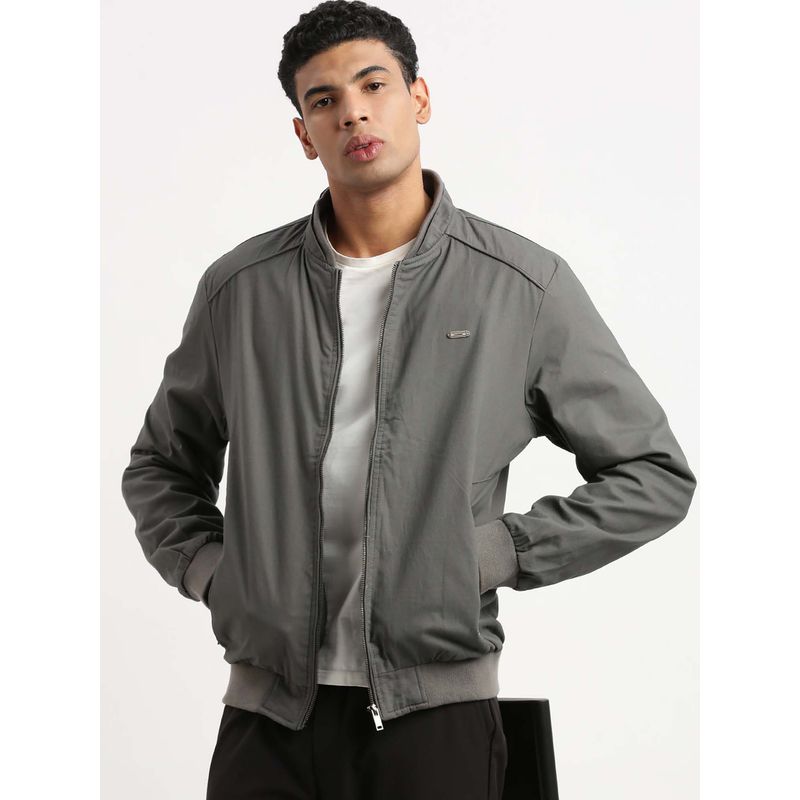SHOWOFF Mens Mandarin Collar Grey Solid Bomber Jacket (M)