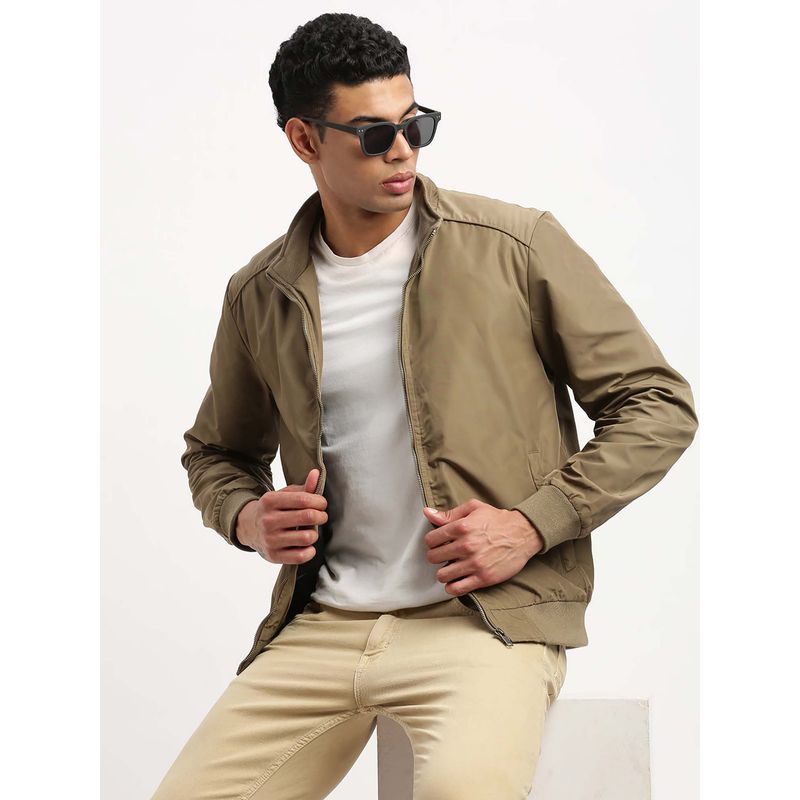 SHOWOFF Mens Mock Collar Khaki Solid Bomber Jacket (M)