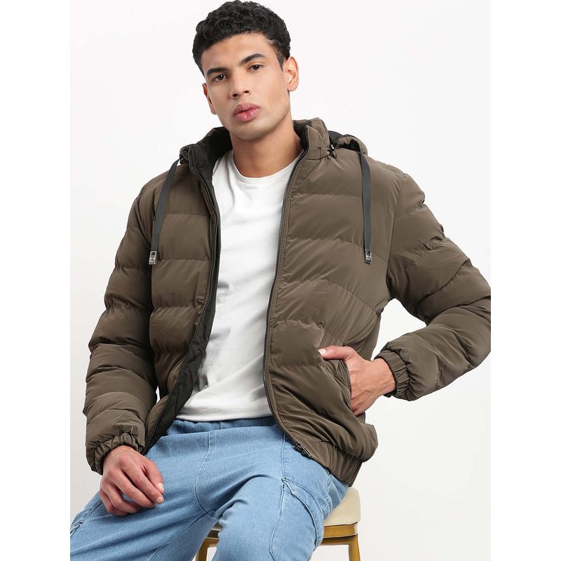 SHOWOFF Mens Mock Collar Brown Solid Reversible Puffer Jacket Comes with Detachable Hoodie (XL)