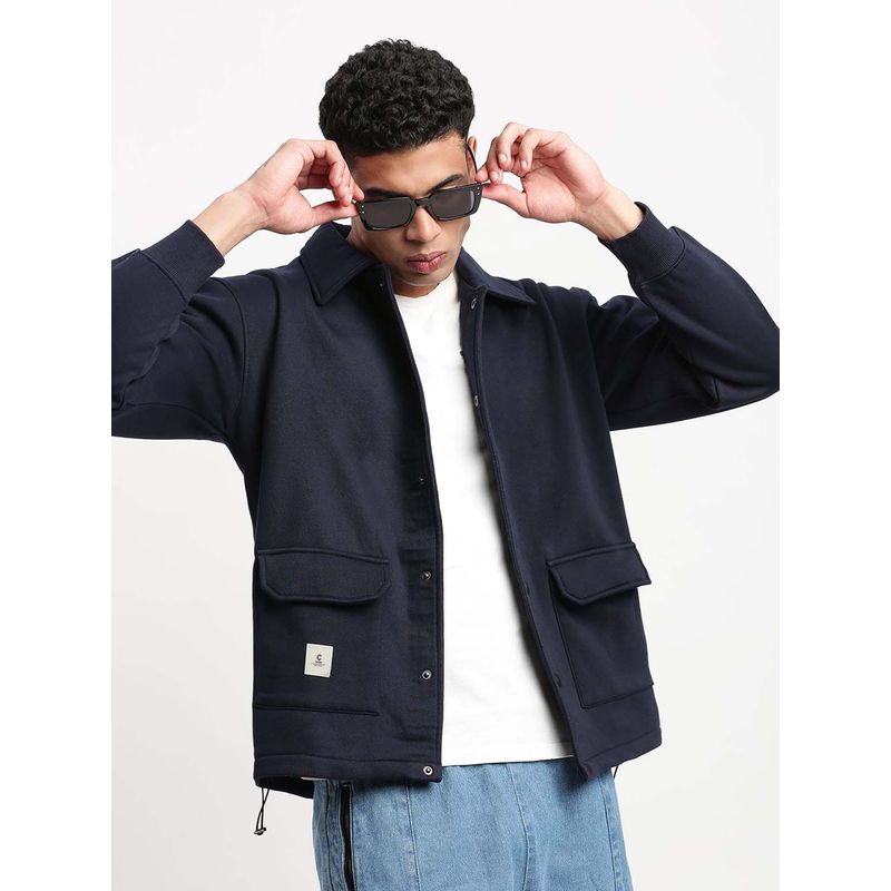 SHOWOFF Mens Spread Collar Navy Blue Solid Tailored Jacket (XL)