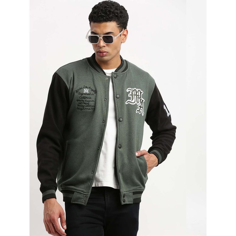SHOWOFF Mens Mandarin Collar Green Colourblocked Varsity Jacket (2XL)