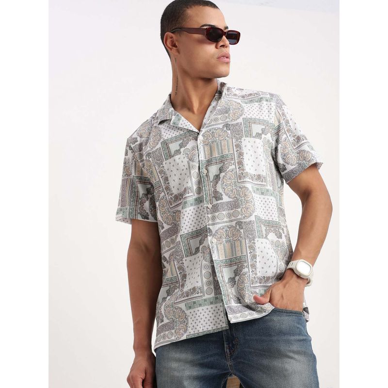 SHOWOFF Mens Short Sleeves Cuban Collar Ethnic Motifs Off White Shirt (S)