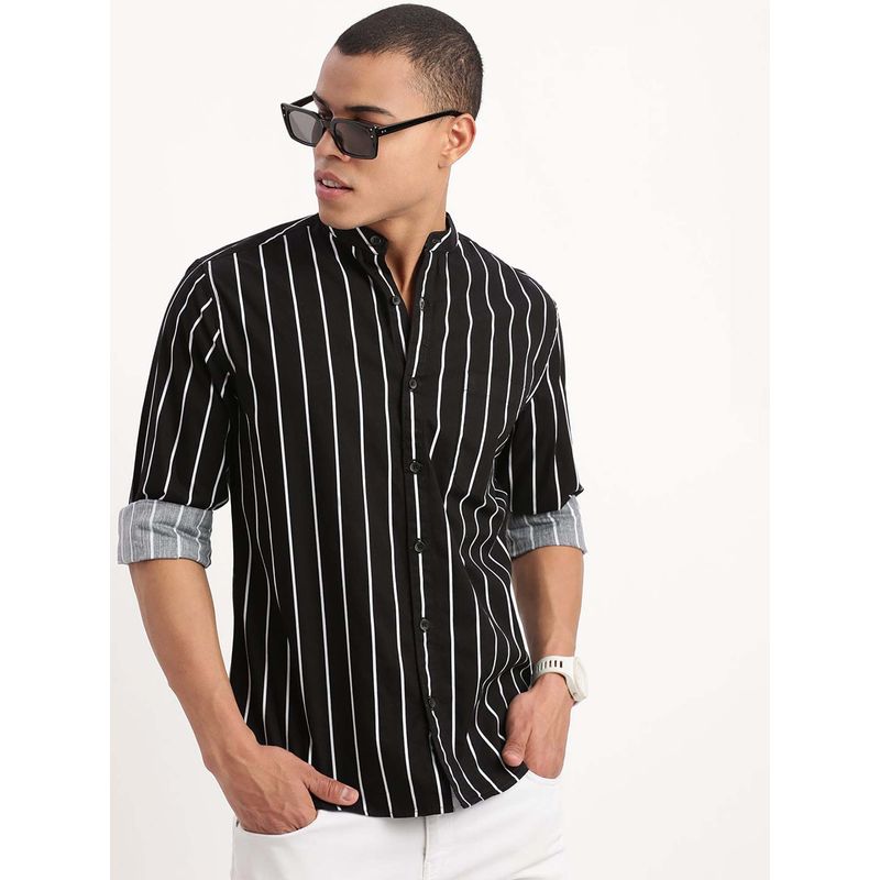 SHOWOFF Mens Long Sleeves Mandarin Collar Vertical Stripes Black Shirt (S)