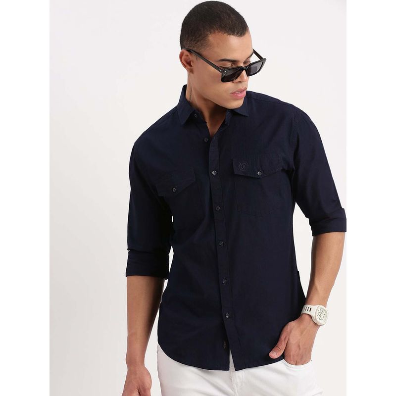 SHOWOFF Mens Long Sleeves Solid Navy Blue Shirt (L)
