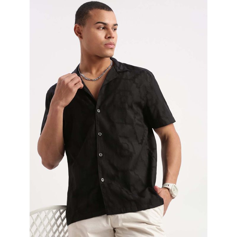 SHOWOFF Mens Short Sleeves Cuban Collar Embroidered Black Shirt (S)